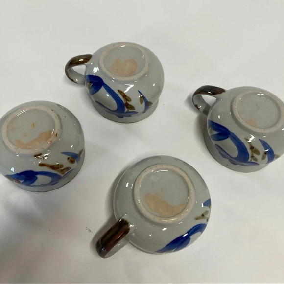 Hand painted Artisan Coffee Mugs Blue Floral Small Set of 4 - Picture 6 of 7